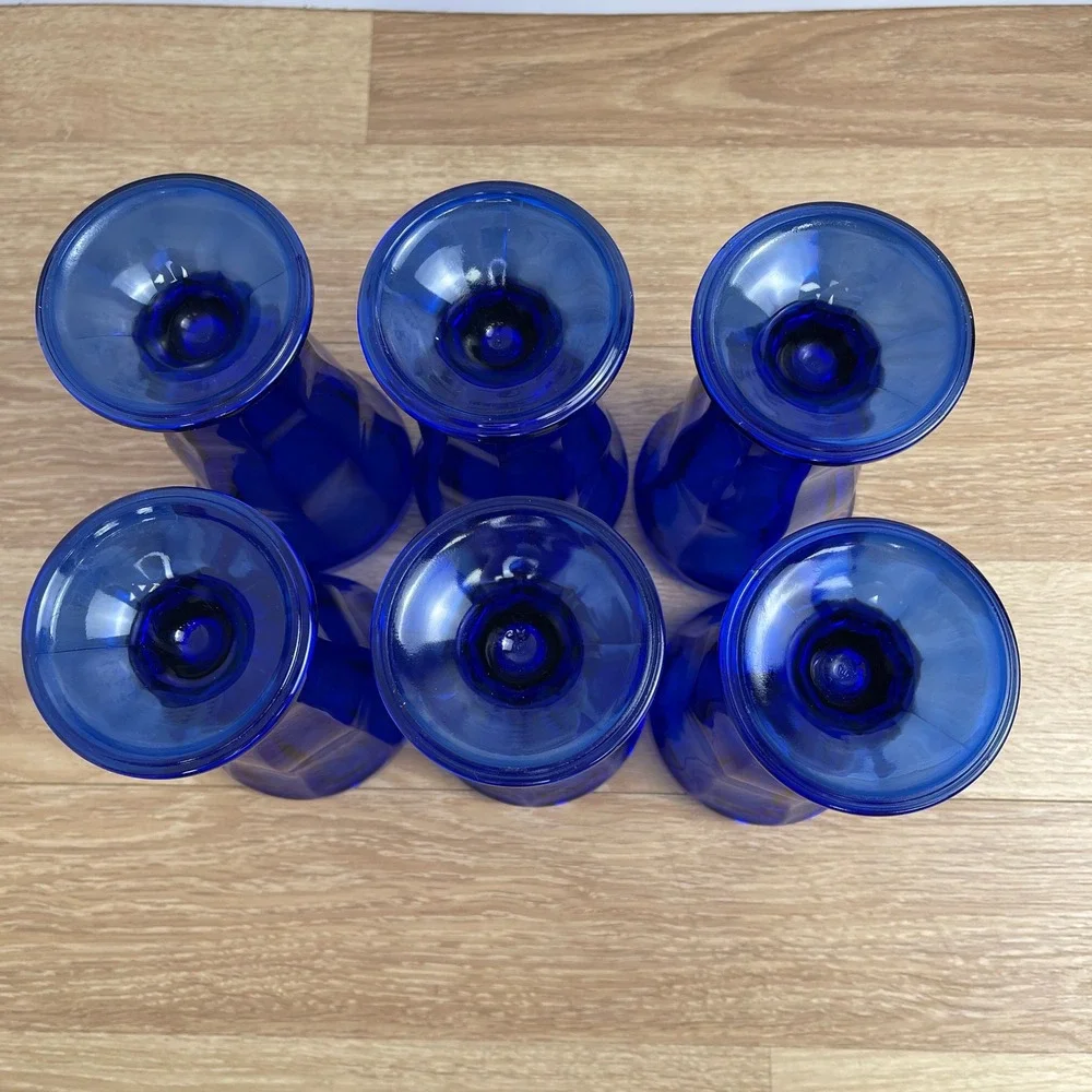 Set of 6 Cobalt Blue Glass Milkshake Sundae Glasses Paneled Pedestal 7 Inch